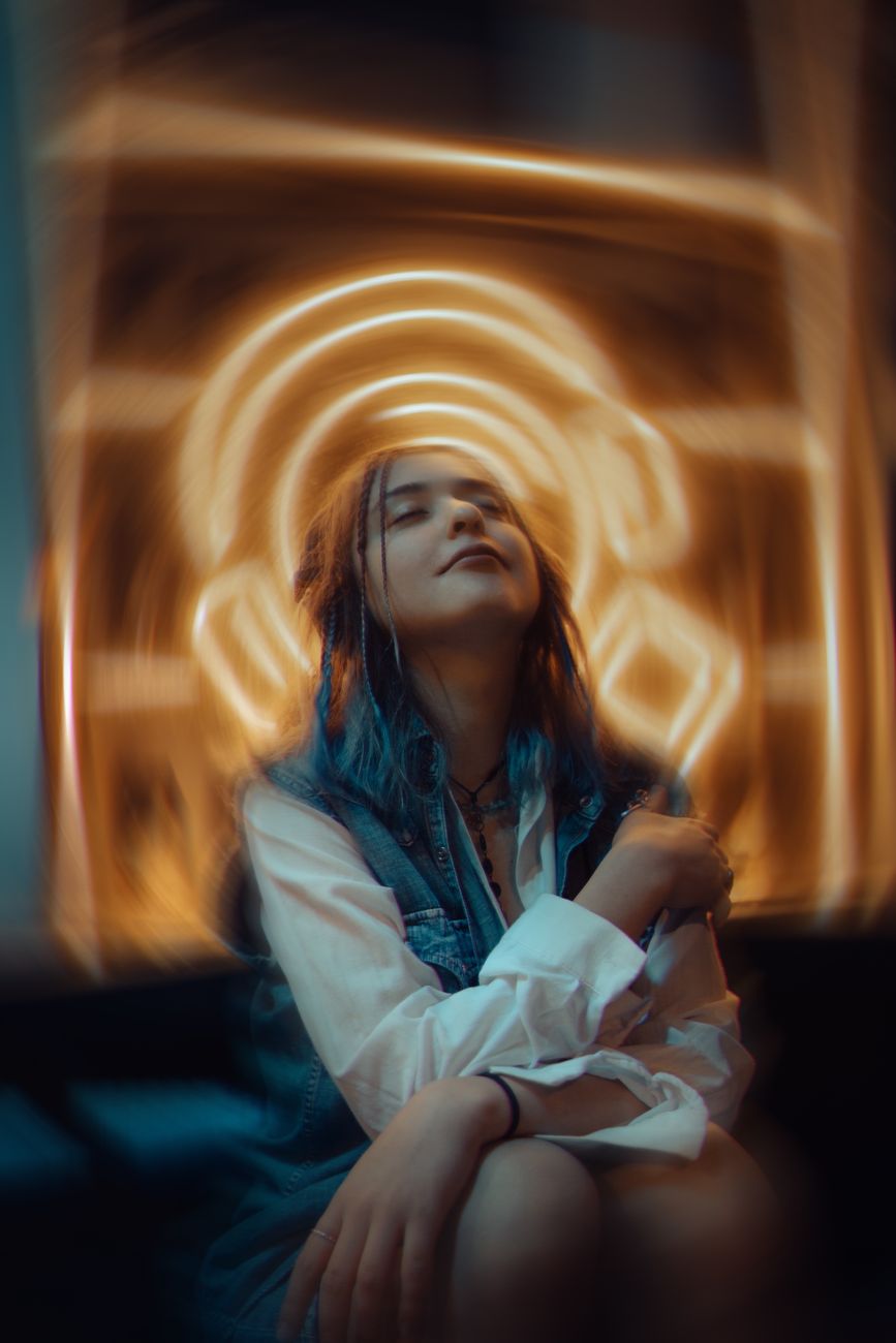 dreamy portrait with neon light halo effect