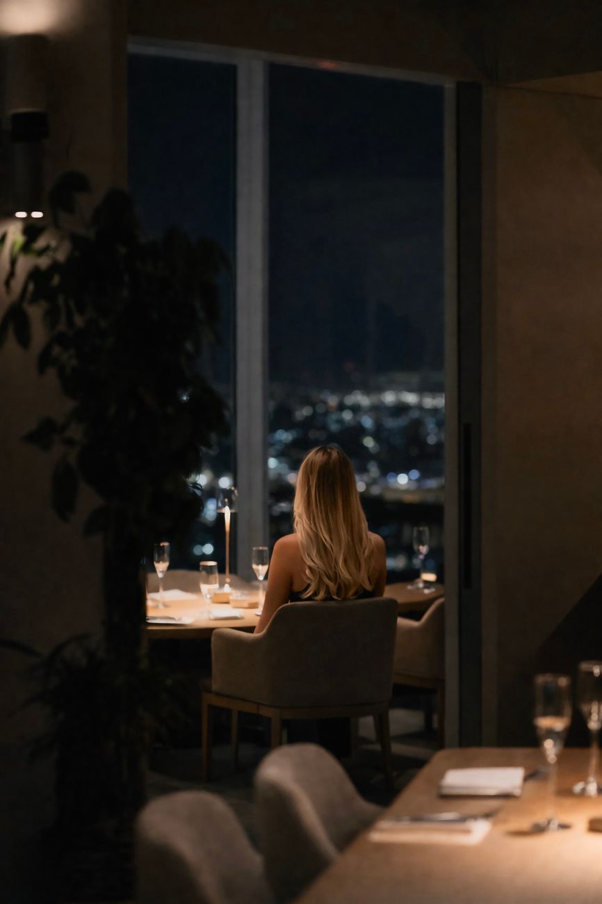 elegant woman dining with night city view